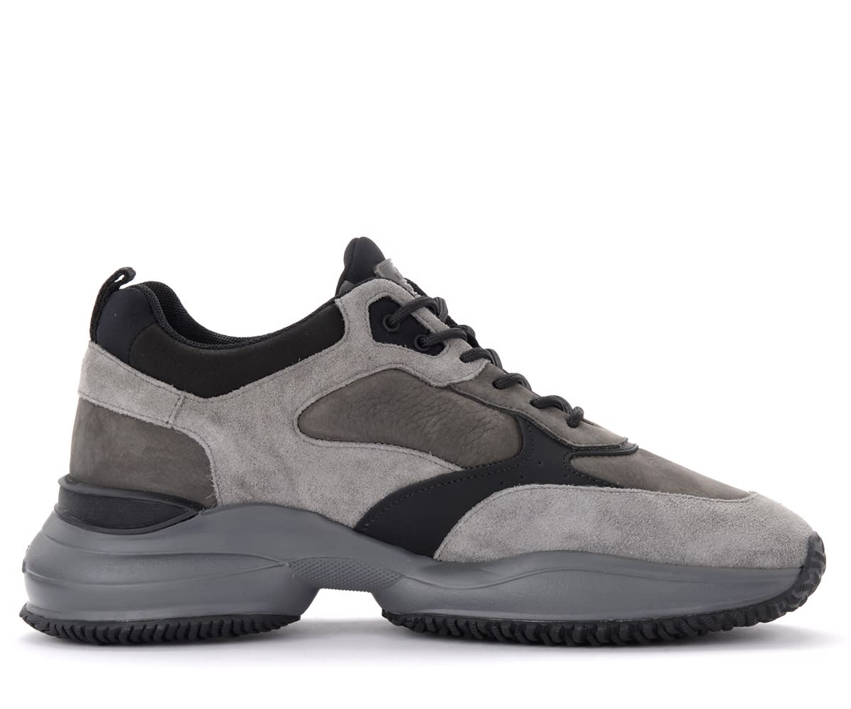 Hogan Interaction Sneaker In Gray And Black Suede And Fabric