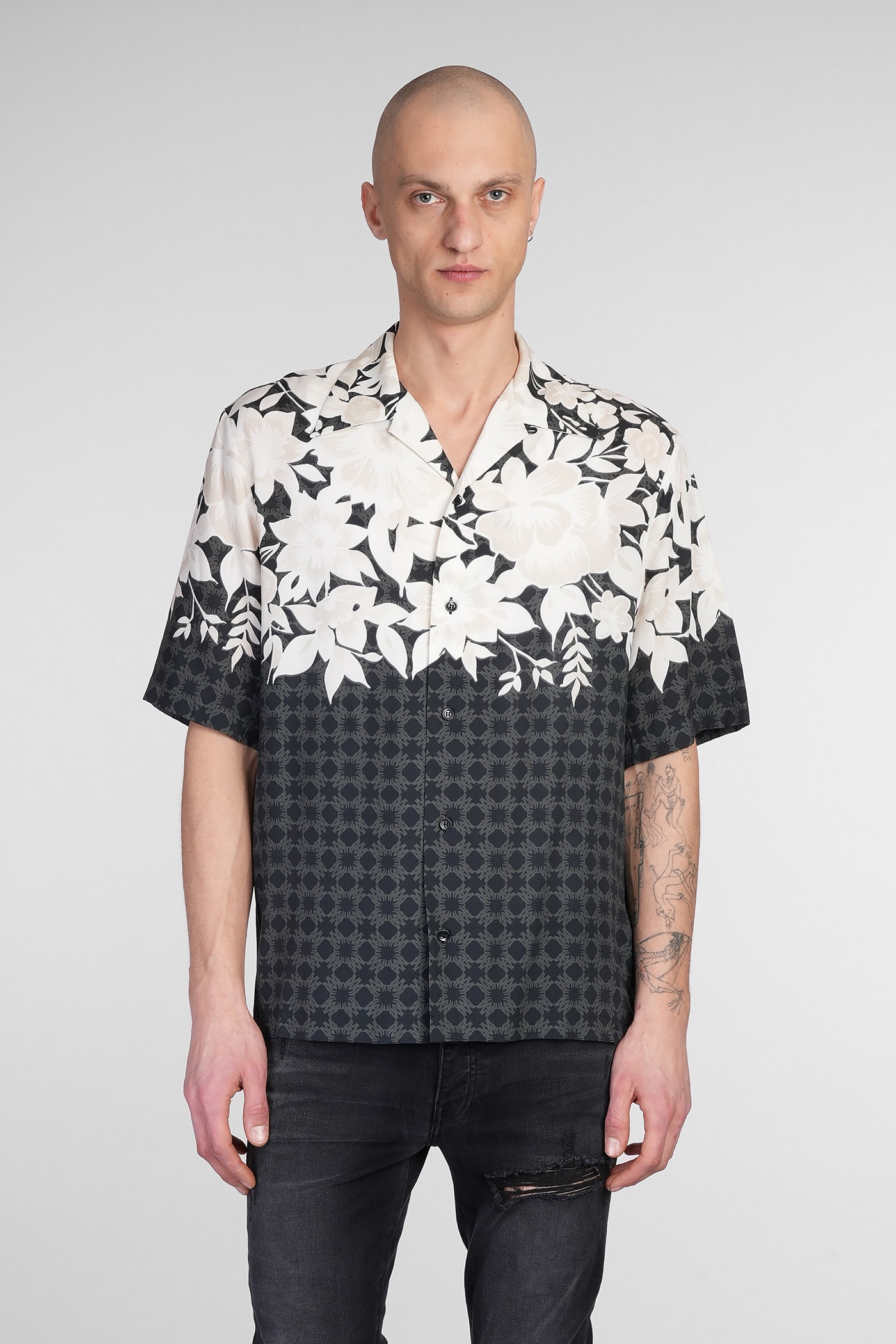 Amiri Garden Black Bowling Shirt With Cuban Collar And All-over Floral Print In Tech Fabric Man In Black