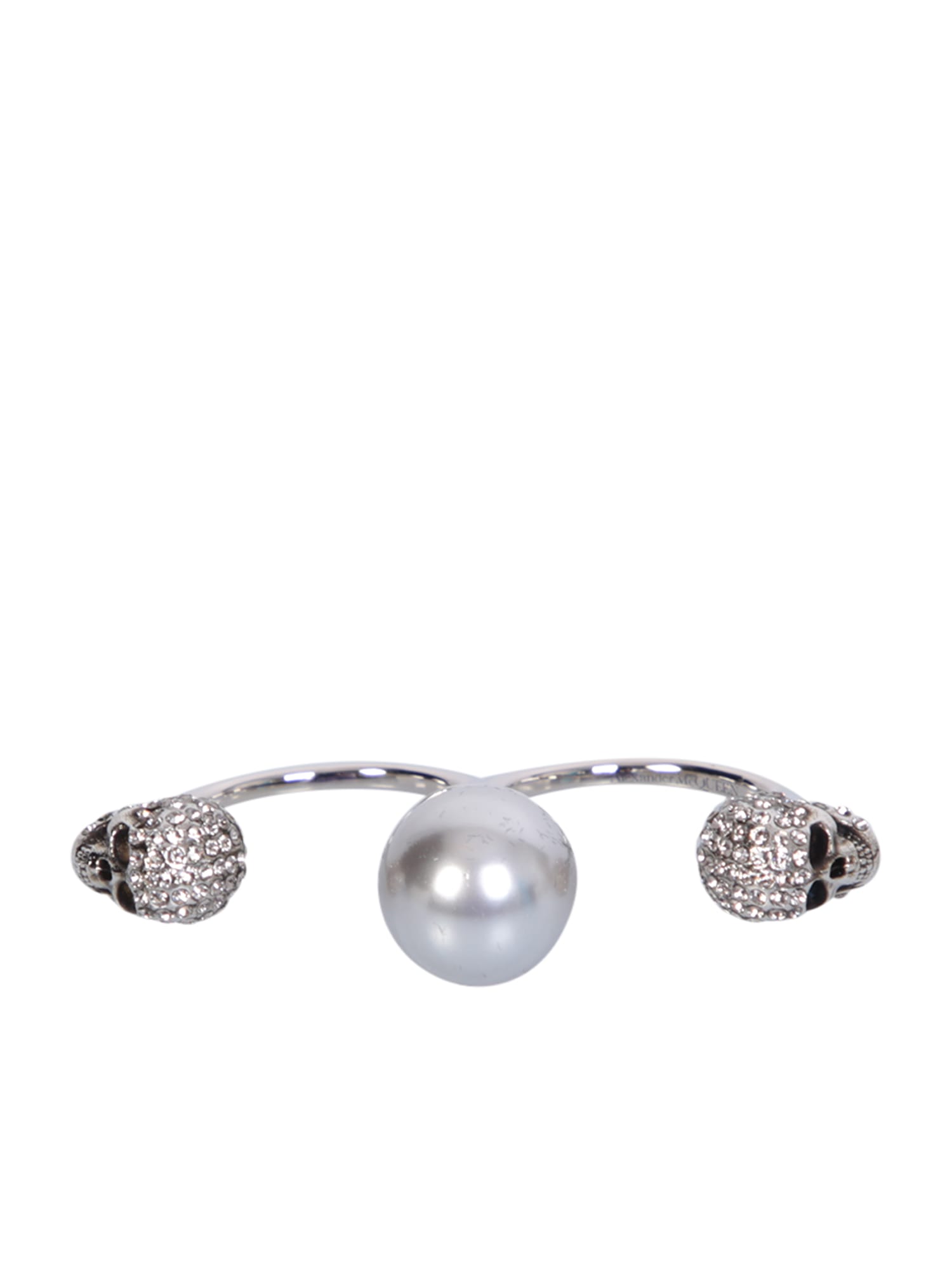 Shop Alexander Mcqueen Double Pearl Skull Silver Ring In Metallic