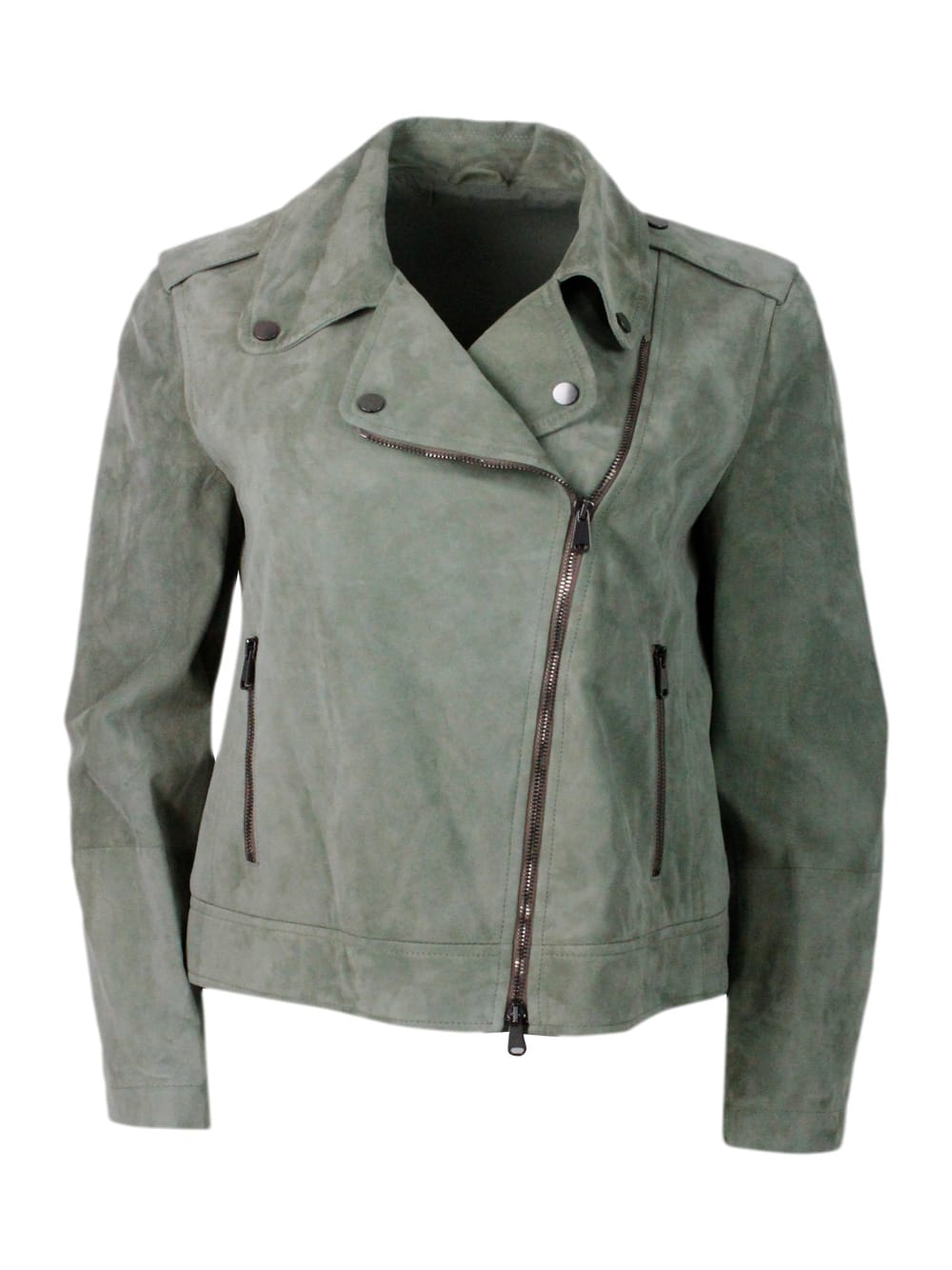 Biker Jacket In Precious And Soft Suede With Rows Of Brilliant Monili Behind The Neck