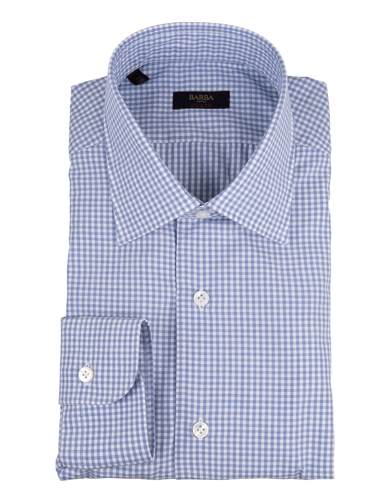 Barba Napoli Man White Cotton Shirt With Light Blue Micro Check Pattern