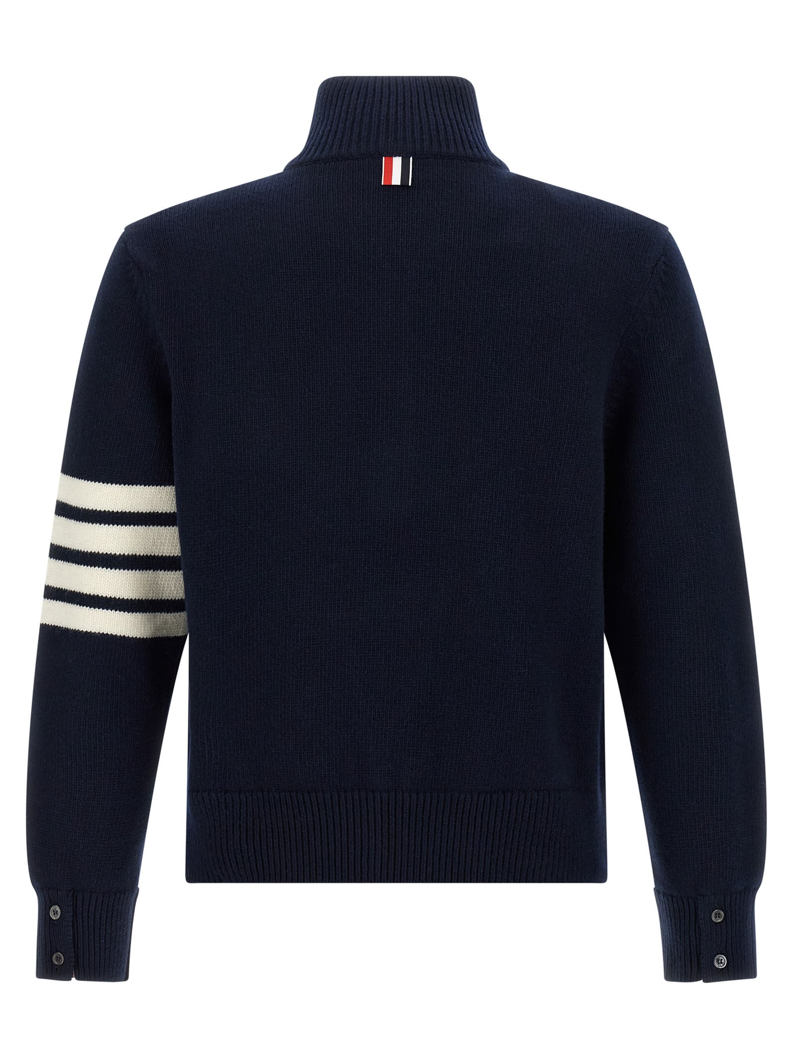 Thom Browne Jersey Stitch Funnel Neck Half Zip Pullover In Merino Wool With 4 Bar Stripe Clothing In Blue