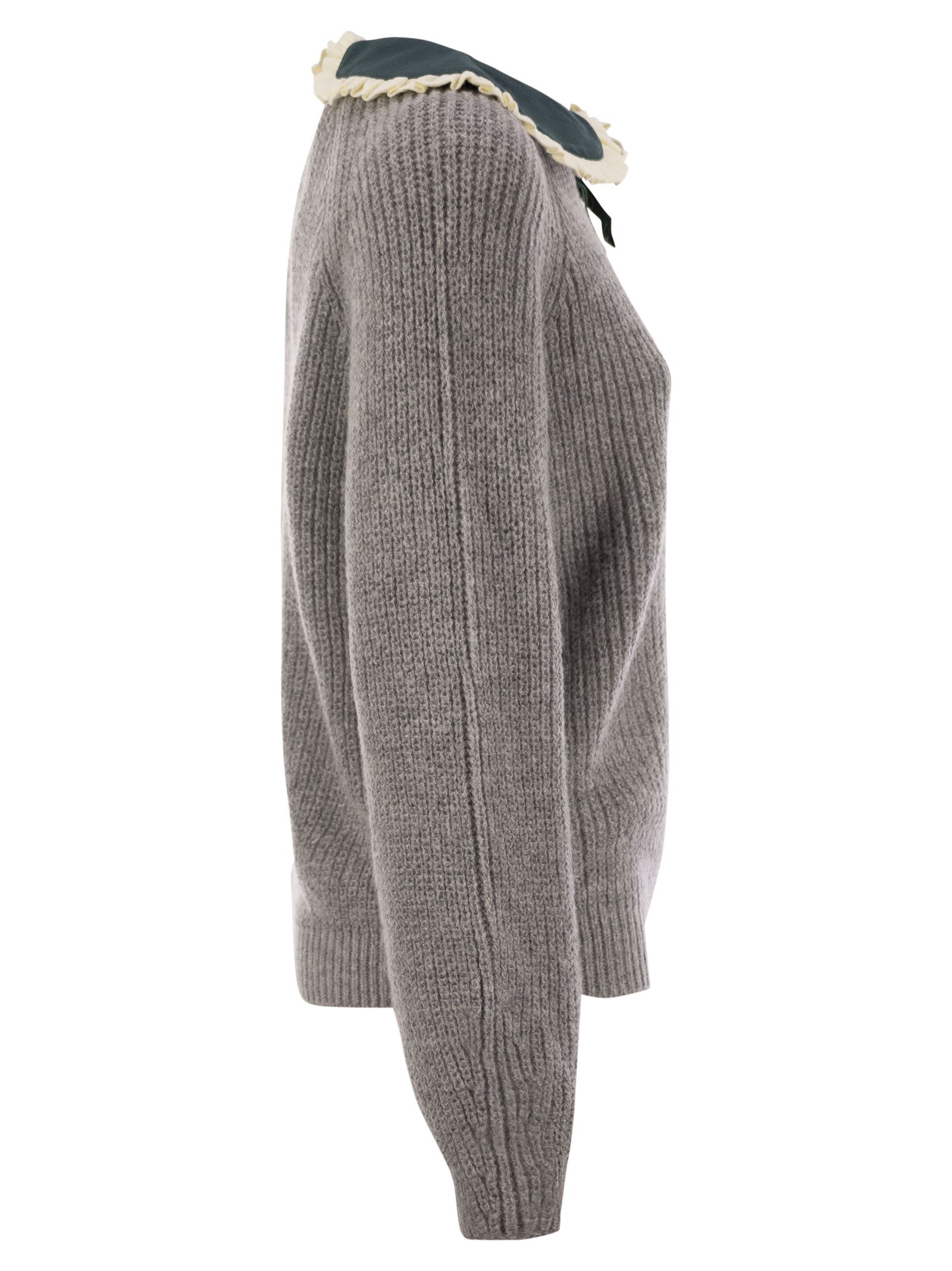 Mc2 Saint Barth Calia - Ribbed Jumper With Velvet Collar And Bow In Grey