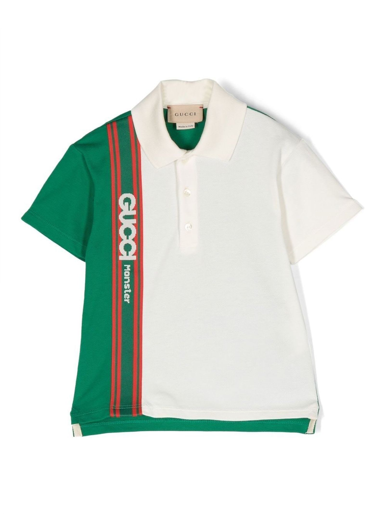 Gucci White And Green Cotton Polo Shirt
