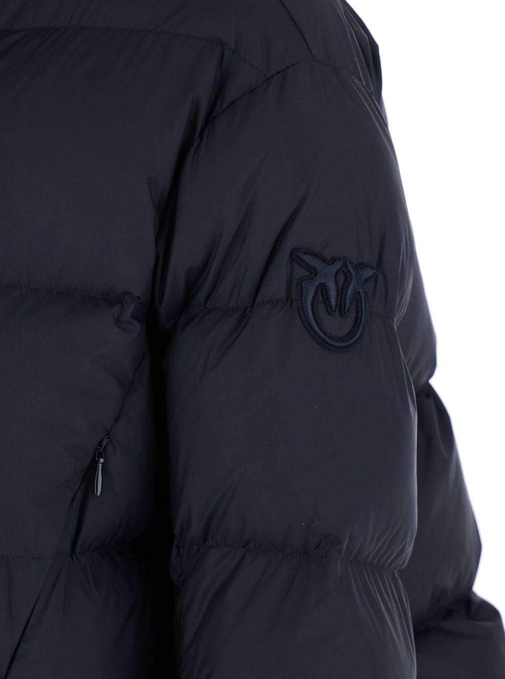 Pinko Giza Blue Down Jacket With Fixed Hood And Love Birds Diamond Cut Patch On Sleeve In Tech Fabric Woma In Blue