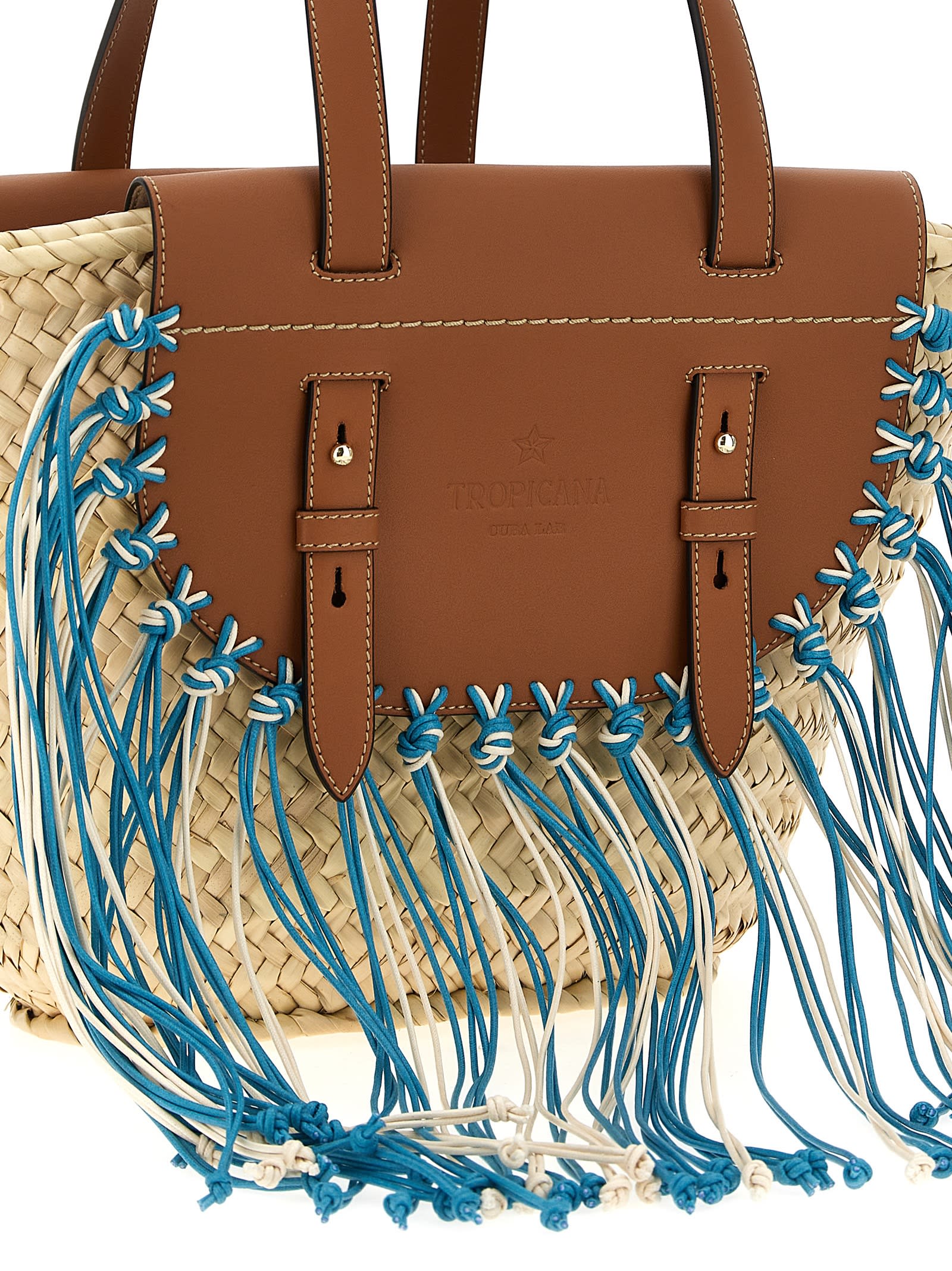 Cuba Lab Structured Brown Handbag With Woven Straw In Multicolor