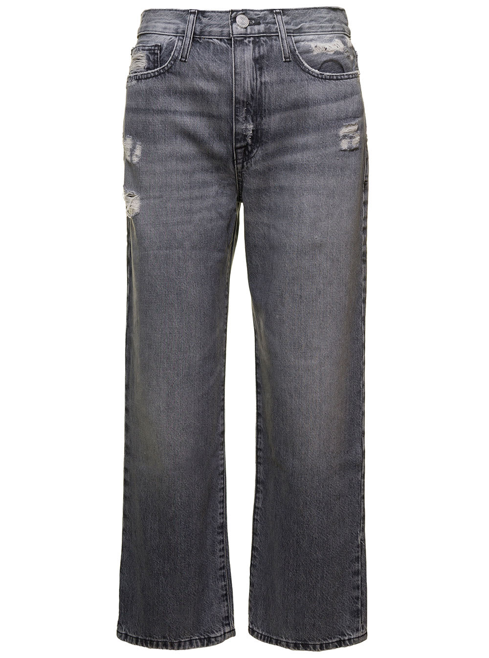 Shop Frame Le Jane Crop Grey Straight Five-pocket Jeans With Rips In Cotton Denim Woman