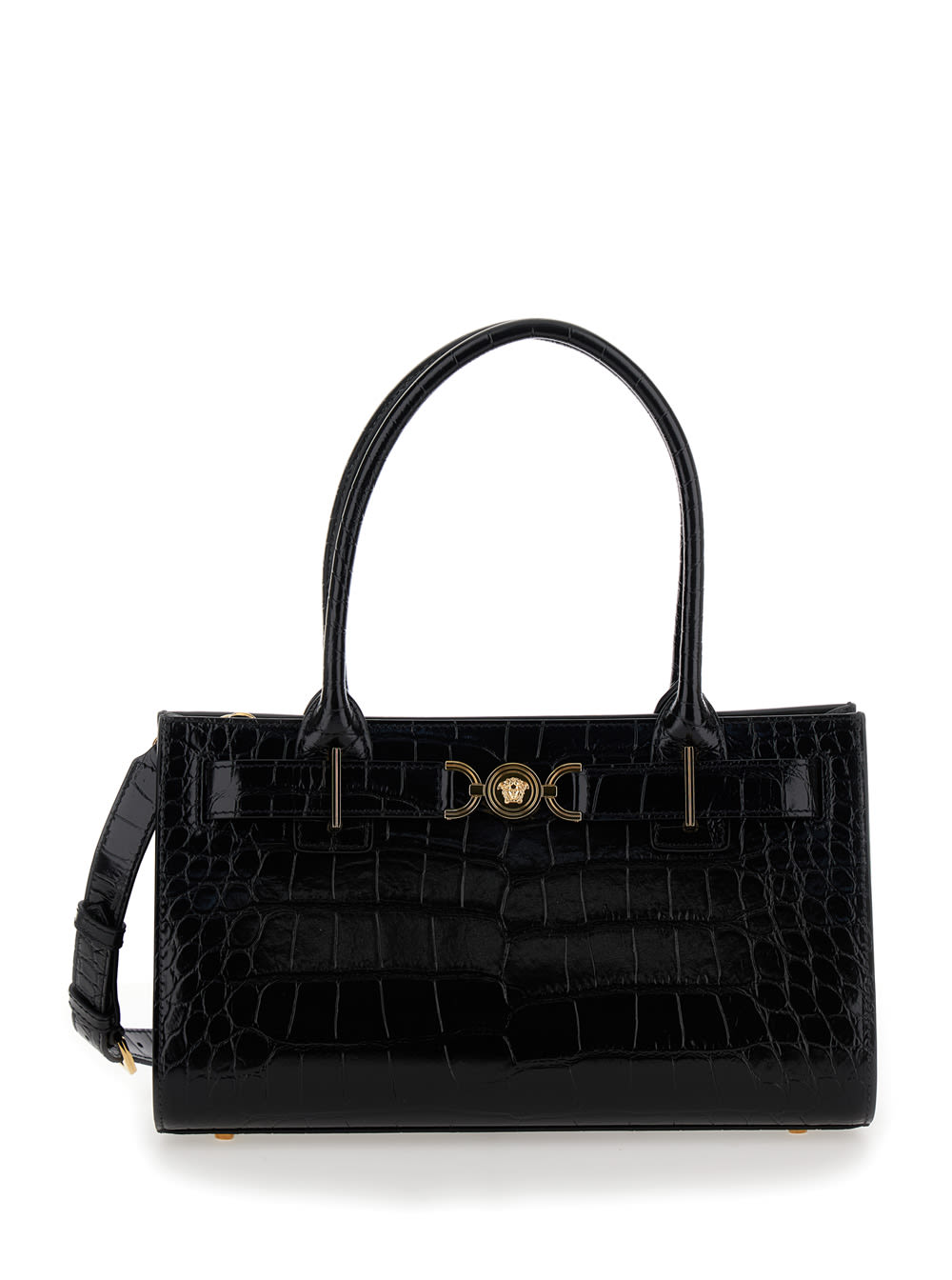 medusa 95 Medium Black Tote Bag With Logo Detail In Croco Effect Leather Woman