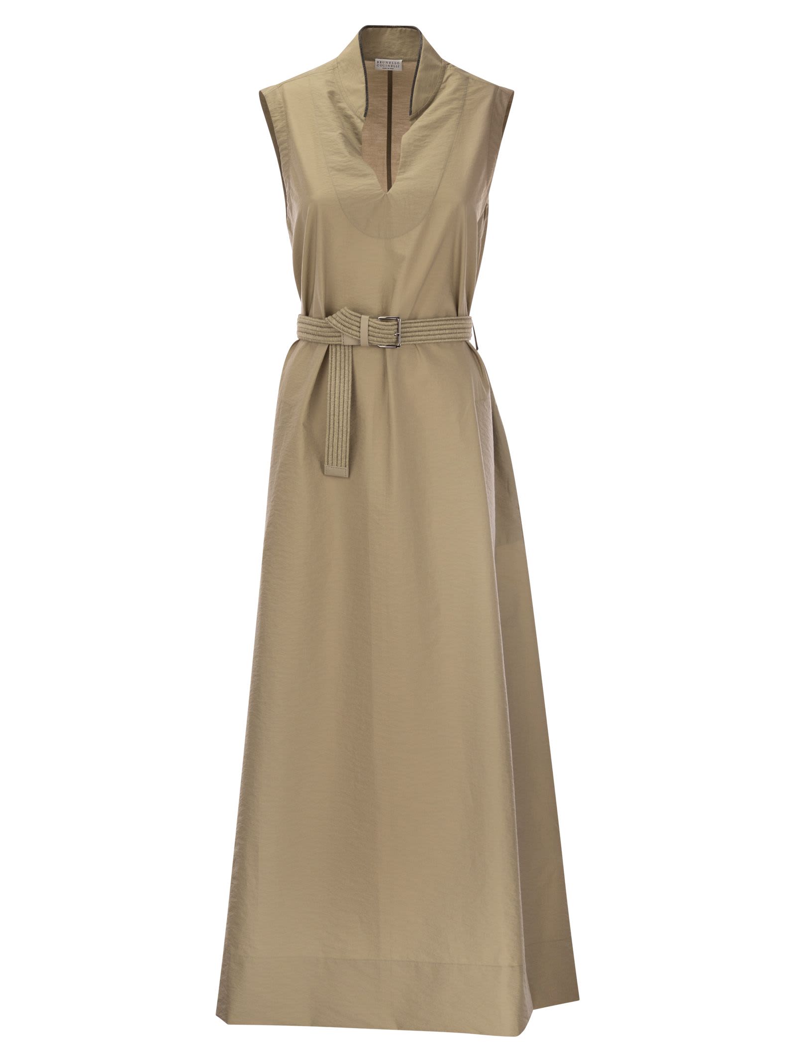 Shop Brunello Cucinelli Techno Cotton Poplin Dress With Belt And Precious Shoulder Detail In Beige