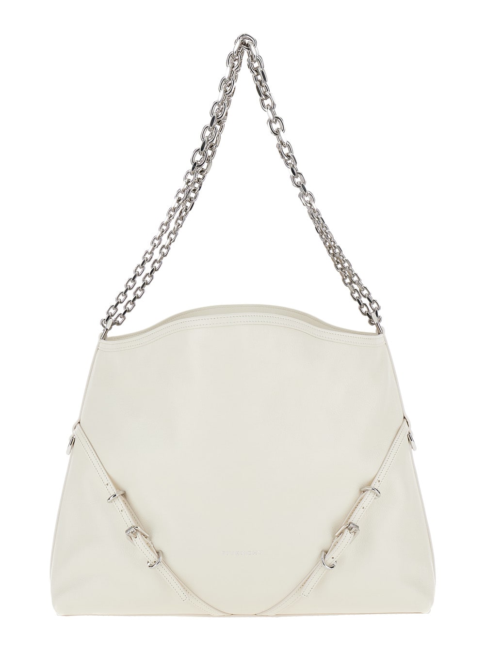 Shop Givenchy Voyou Chain Medium White Shoulder Bag With Logo Detail In Hammered Leather Woman