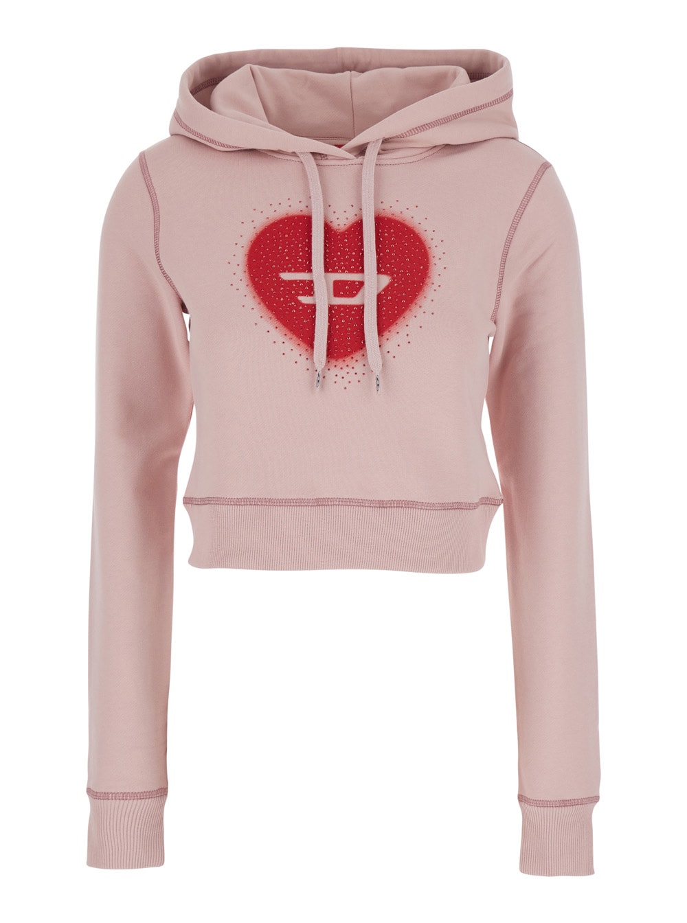Diesel Pink Cropped Hoodie With Drawstring Hood And Rhinestoned Heart On The Front In Cotton Woman