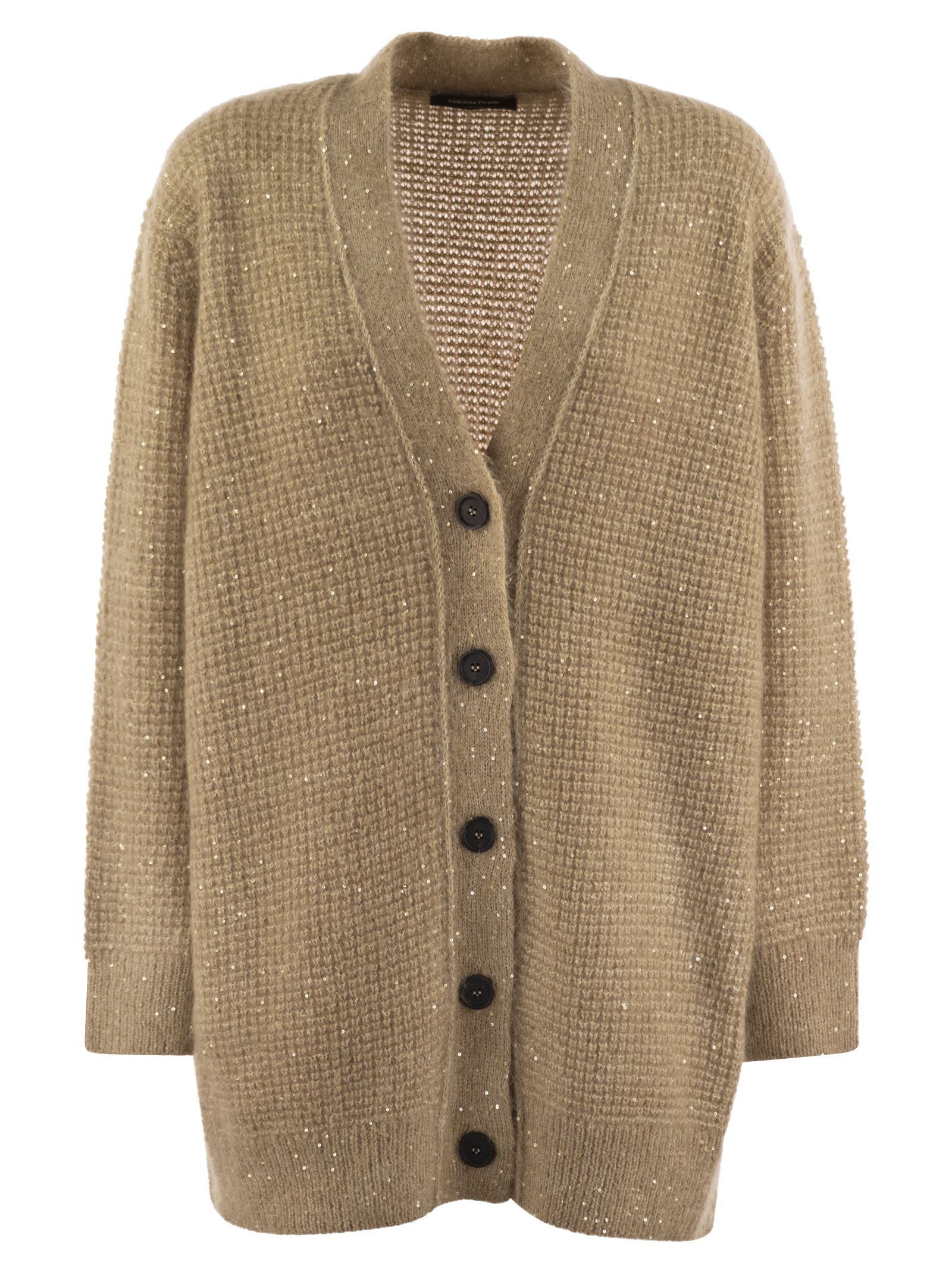 Shop Fabiana Filippi Over Cardigan With Micro Sequins In Camel