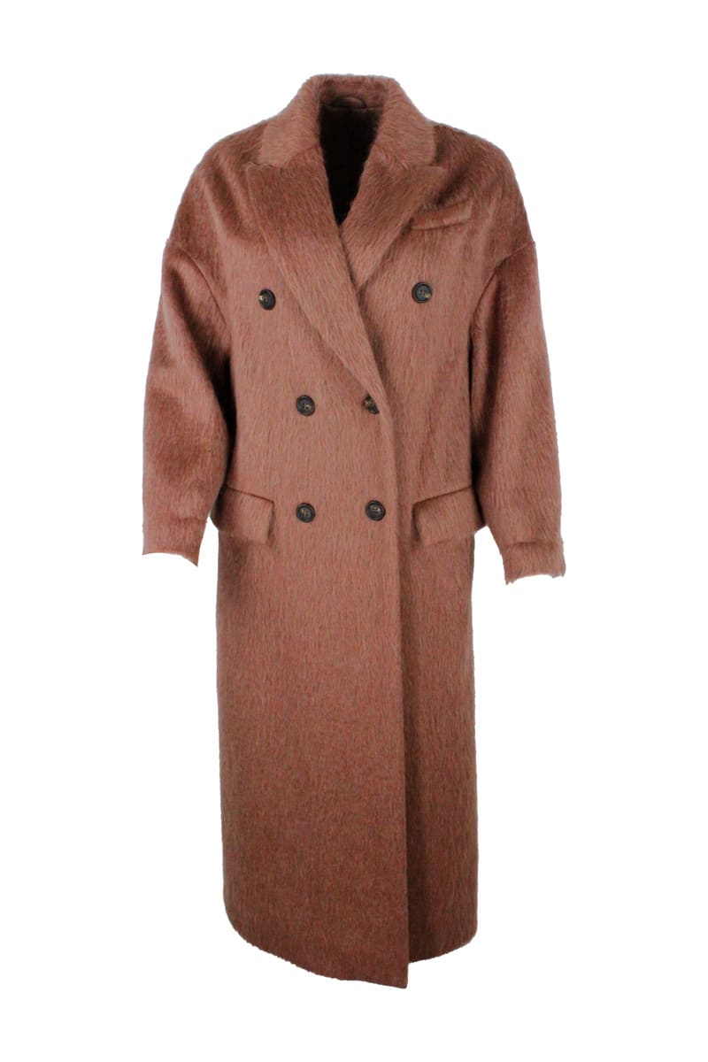 Brunello Cucinelli Long Double-breasted Coat With Pockets And Rows Of Jewels On The Back Neck In Alpaca