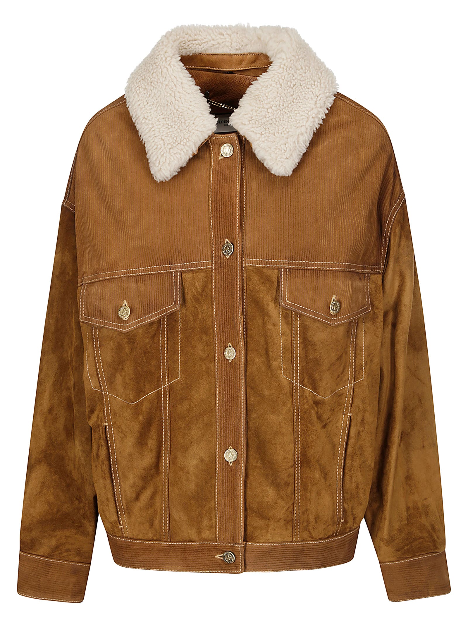 Shop Golden Goose Journey Ws Over Leather Jacket With Corduroy Aspe In Tobacco Brown