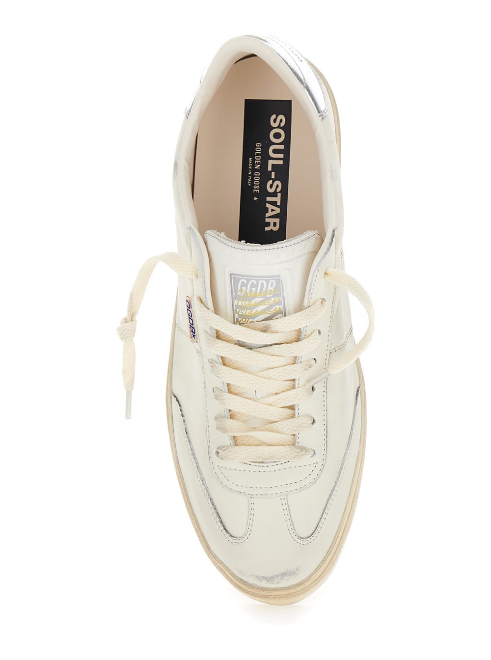 Shop Golden Goose Soul-star White Low Top Sneakers With Metallic Heel Tab In Leather Man