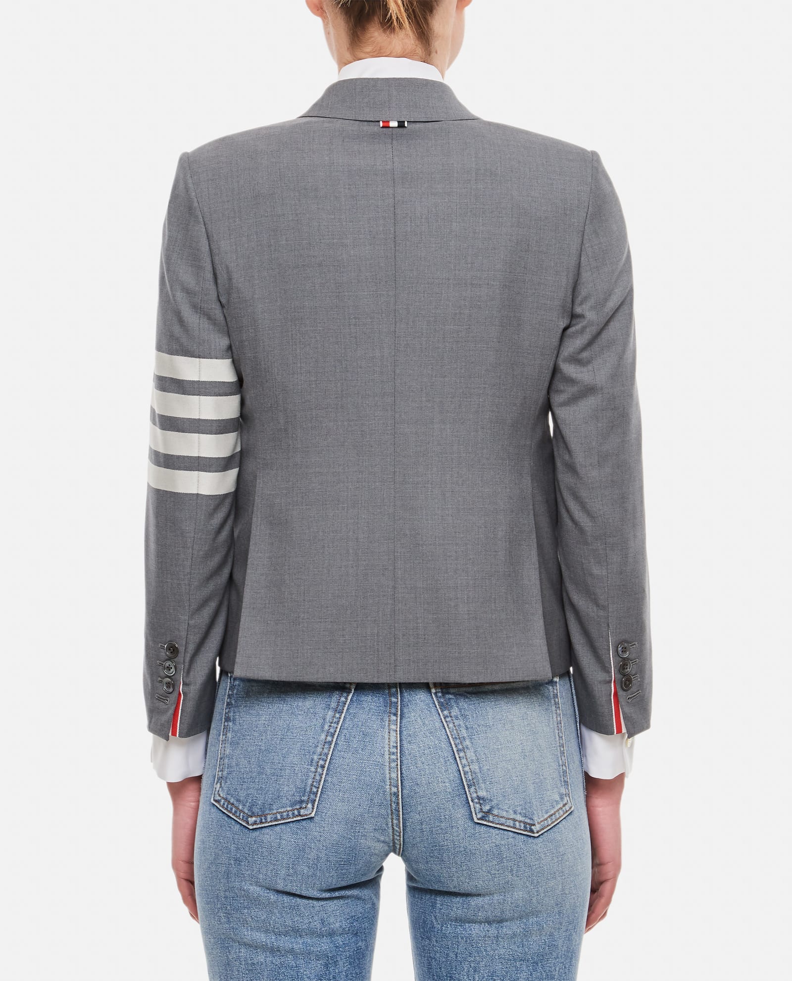 Thom Browne Four-bar Stripe Wool Cropped Single Breasted Blazer In Grey