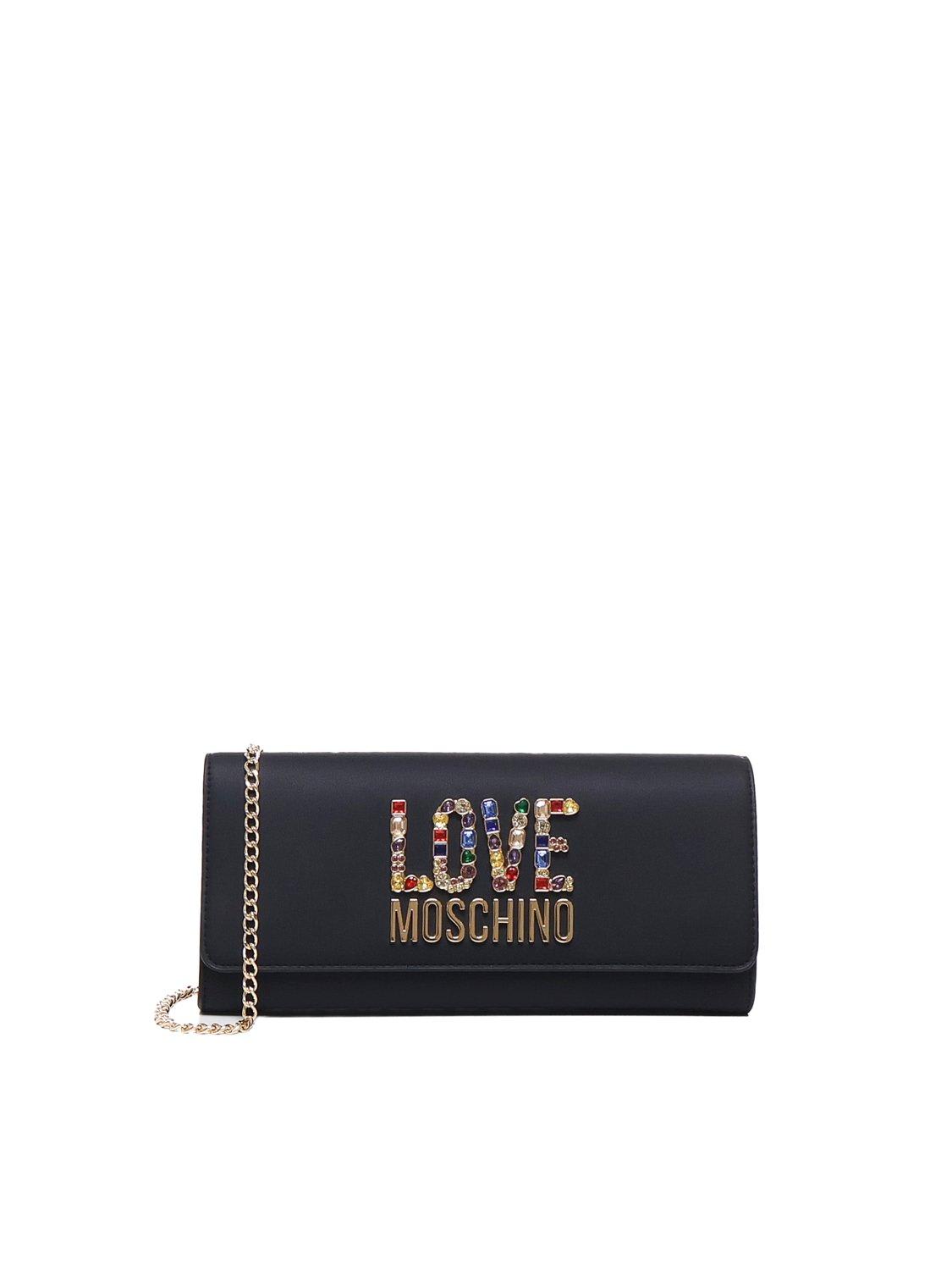 Shop Moschino Logo-lettering Chain-linked Clutch Bag In Nero