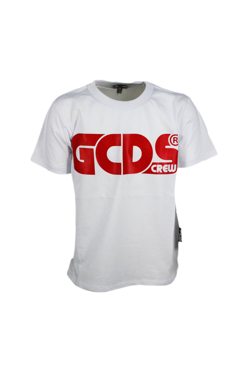 GCDS Mini Short-sleeved Round-neck Cotton T-shirt With Logo Print