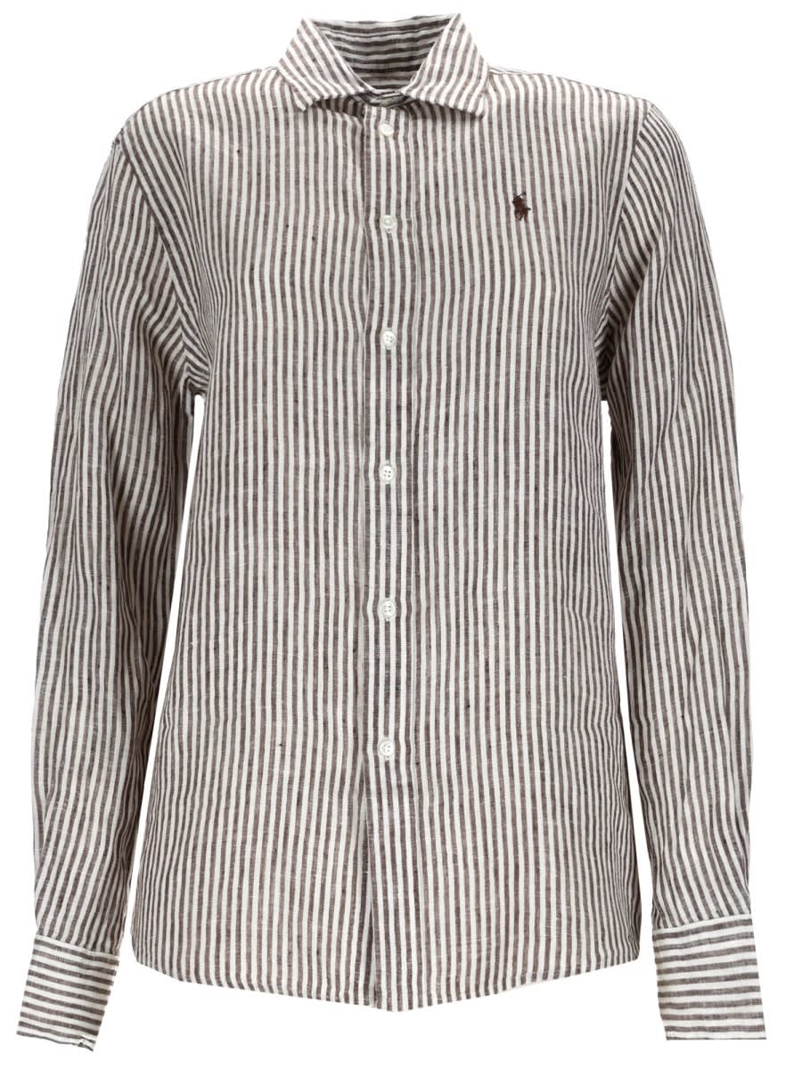 Polo Ralph Lauren Striped Collared Neck Long Sleeve Top In Brown