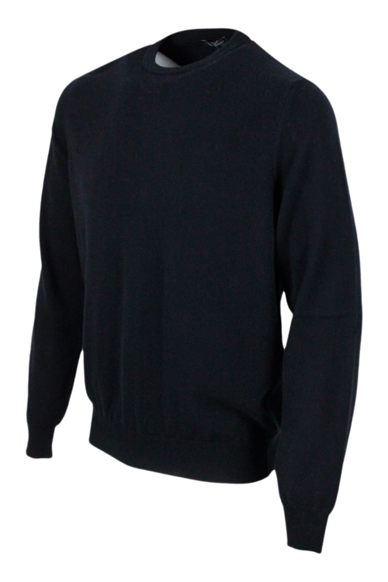 Shop Colombo Long-sleeved Crewneck Sweater In Fine 2-ply 100% Kid Cashmere With Special Processing On The Edge Of In Black