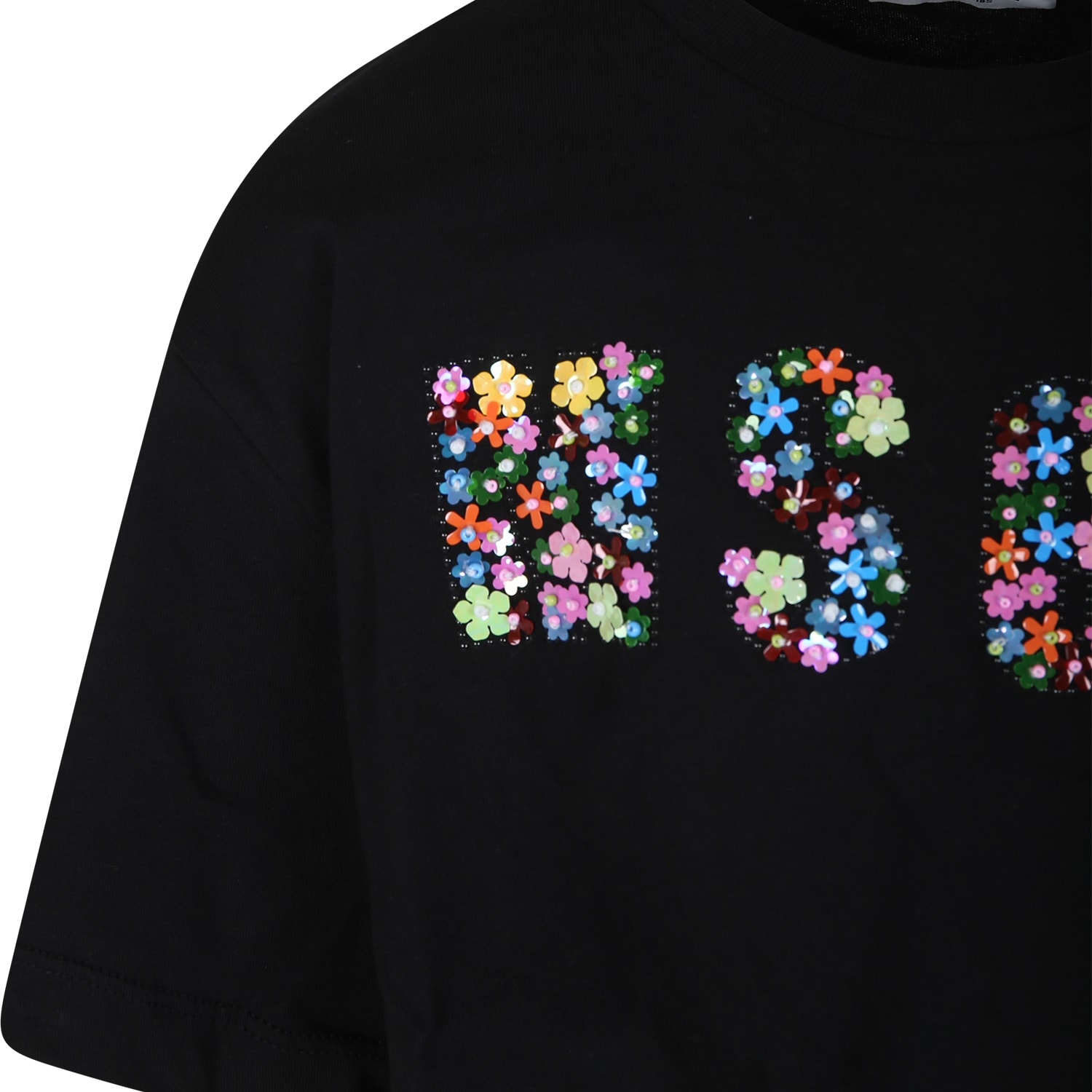 Shop Msgm Black Crop T-shirt For Girl With Logo And Beads