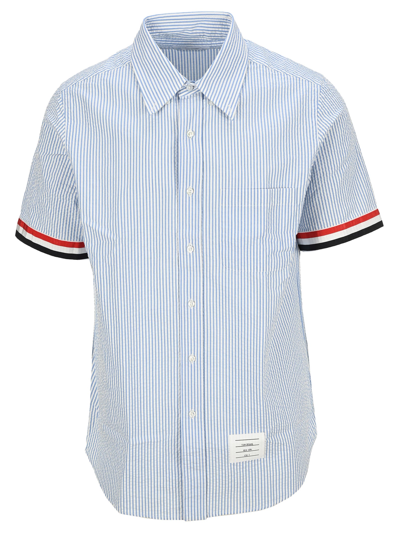 Thom Browne Straight Fit Short Sleeve Button-down Seersucker Shirt In Light Blu