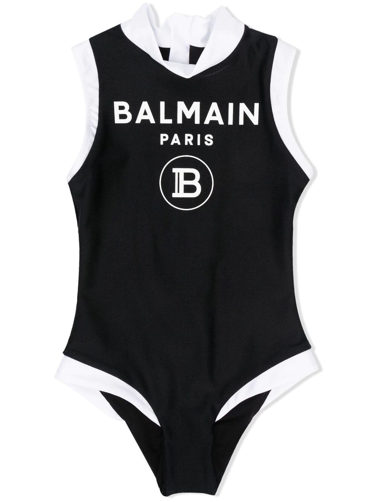 Balmain Black And White Two-tone Logo Print Swimsuit