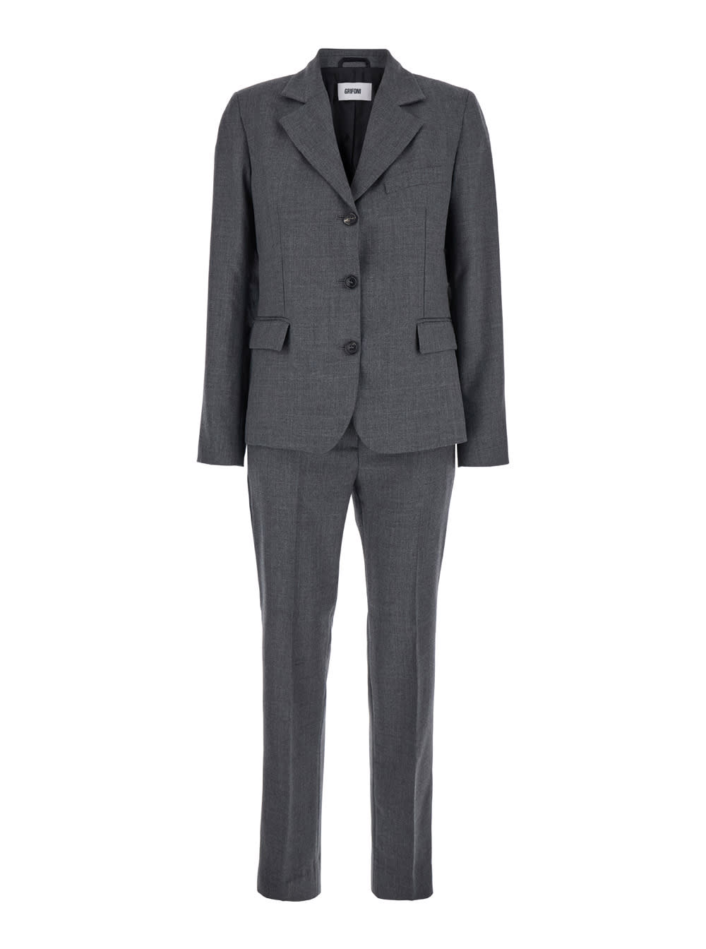 Grey Single-breasted Suit With Notched Revers In Wool Blend Stretch Woman