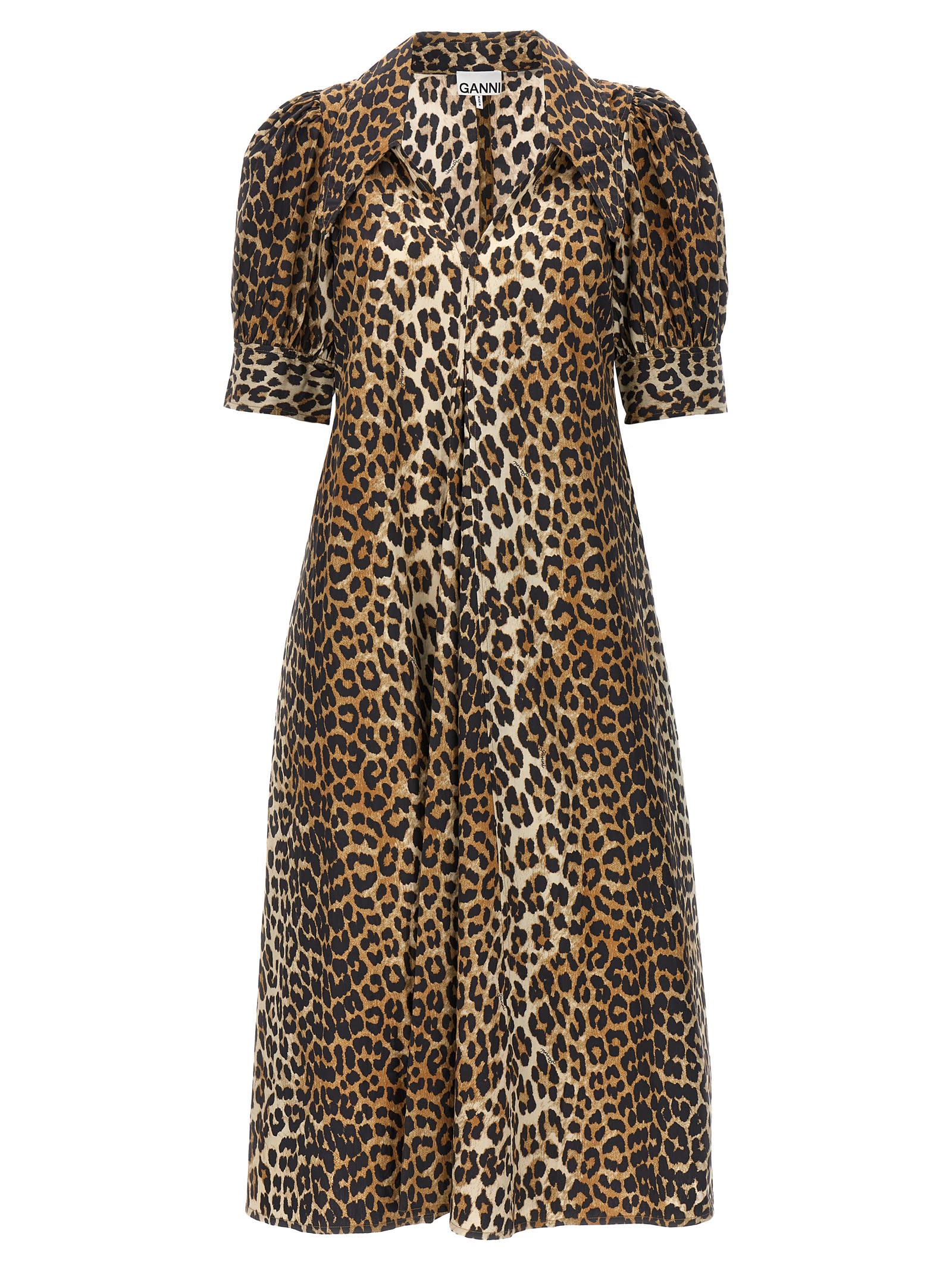 Shop Ganni Animal Print Midi Dress In Brown