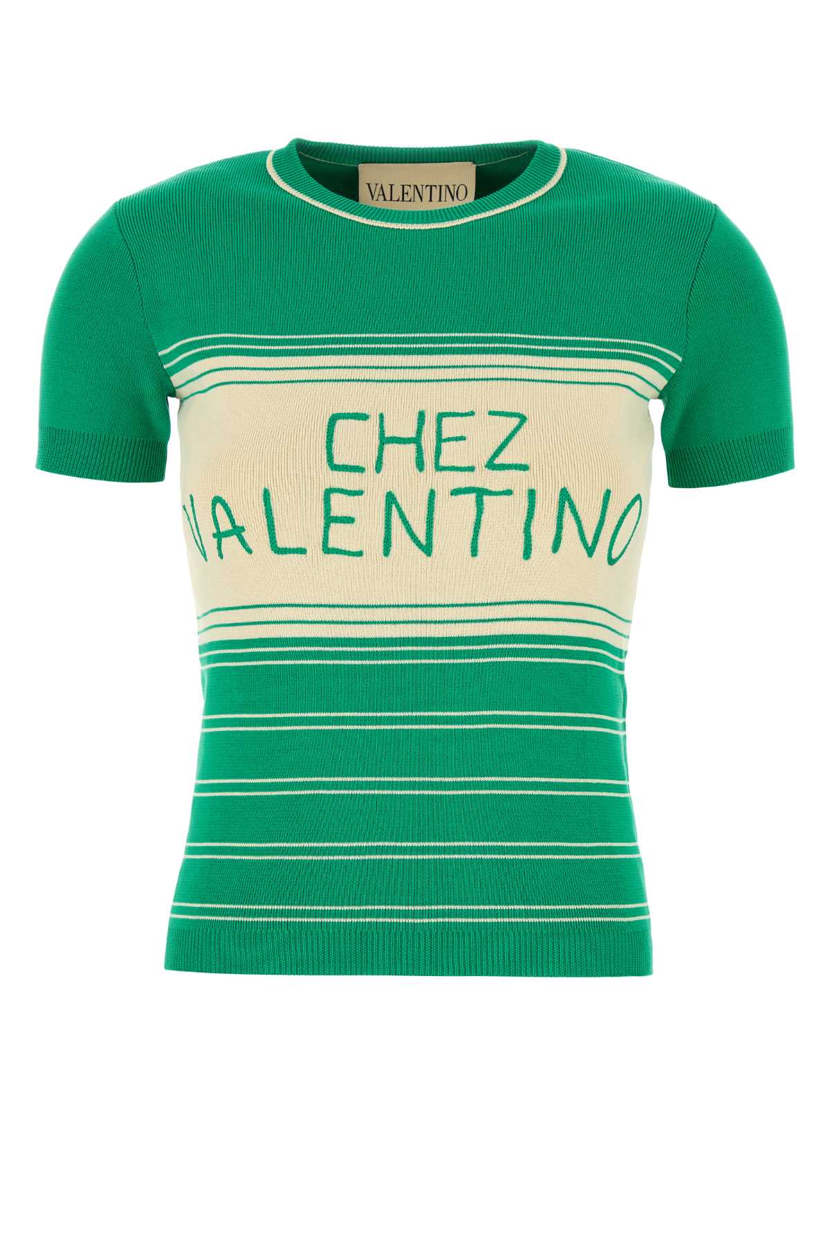 Valentino Cotton Sweater With Crew Neck And Stripes In Green