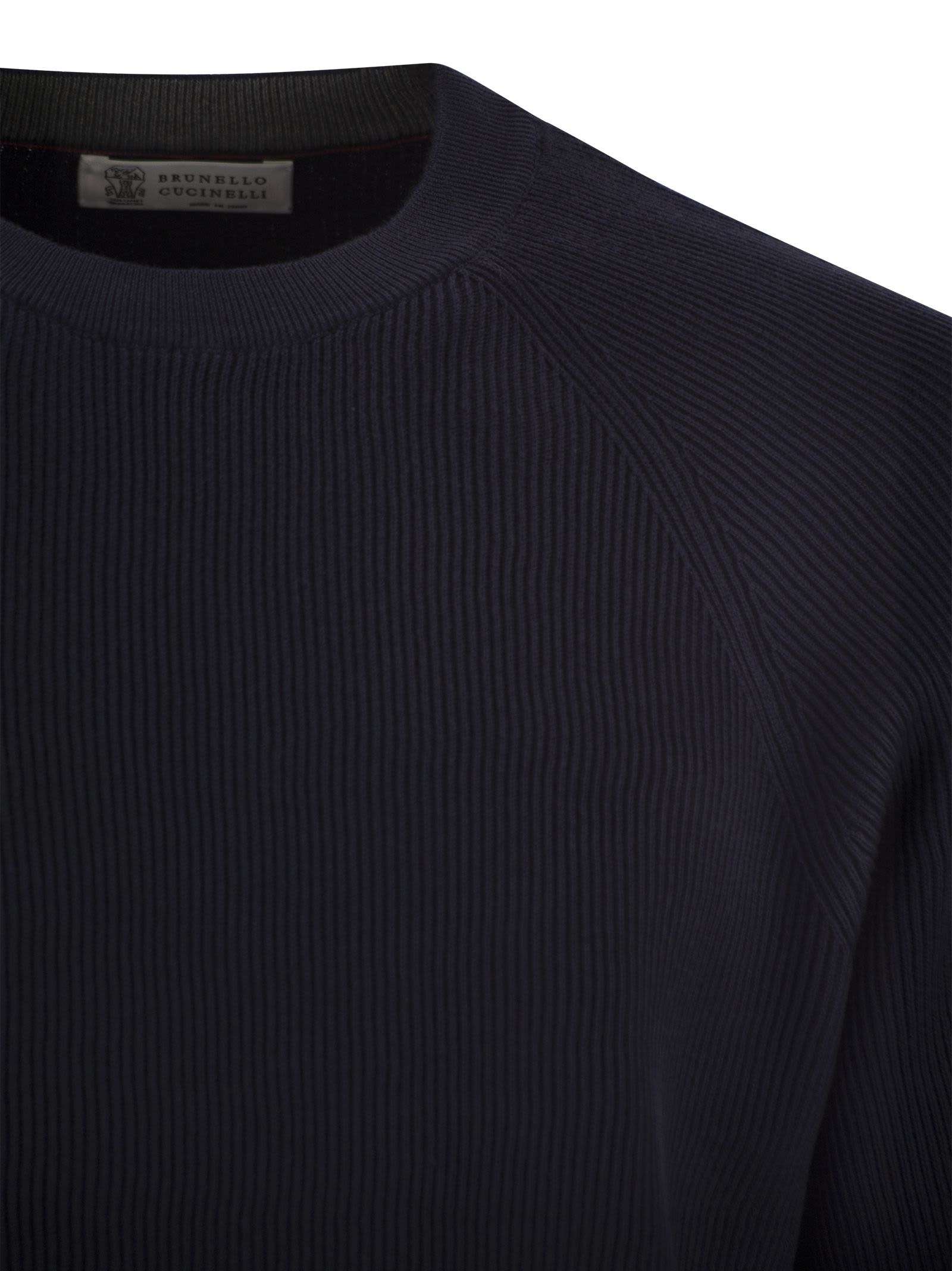 Shop Brunello Cucinelli Cotton Rib Sweater With Raglan Sleeve In Navy