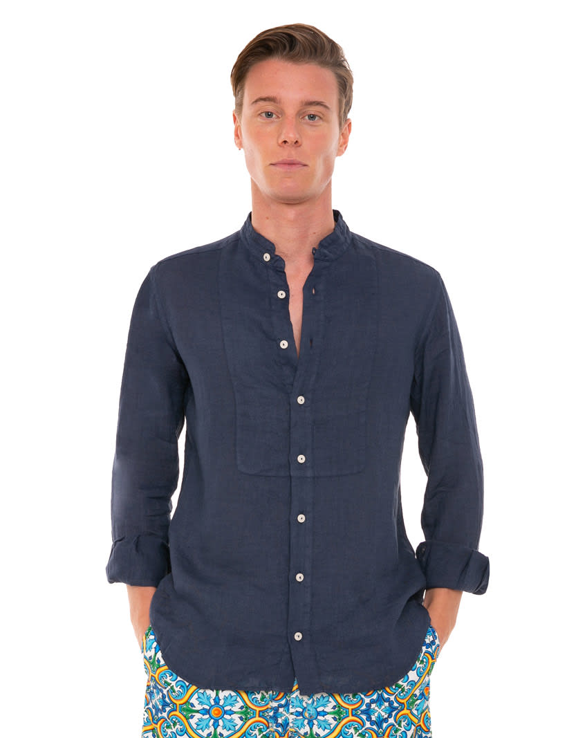 MC2 Saint Barth Korean Collar Shirt Blu Linen