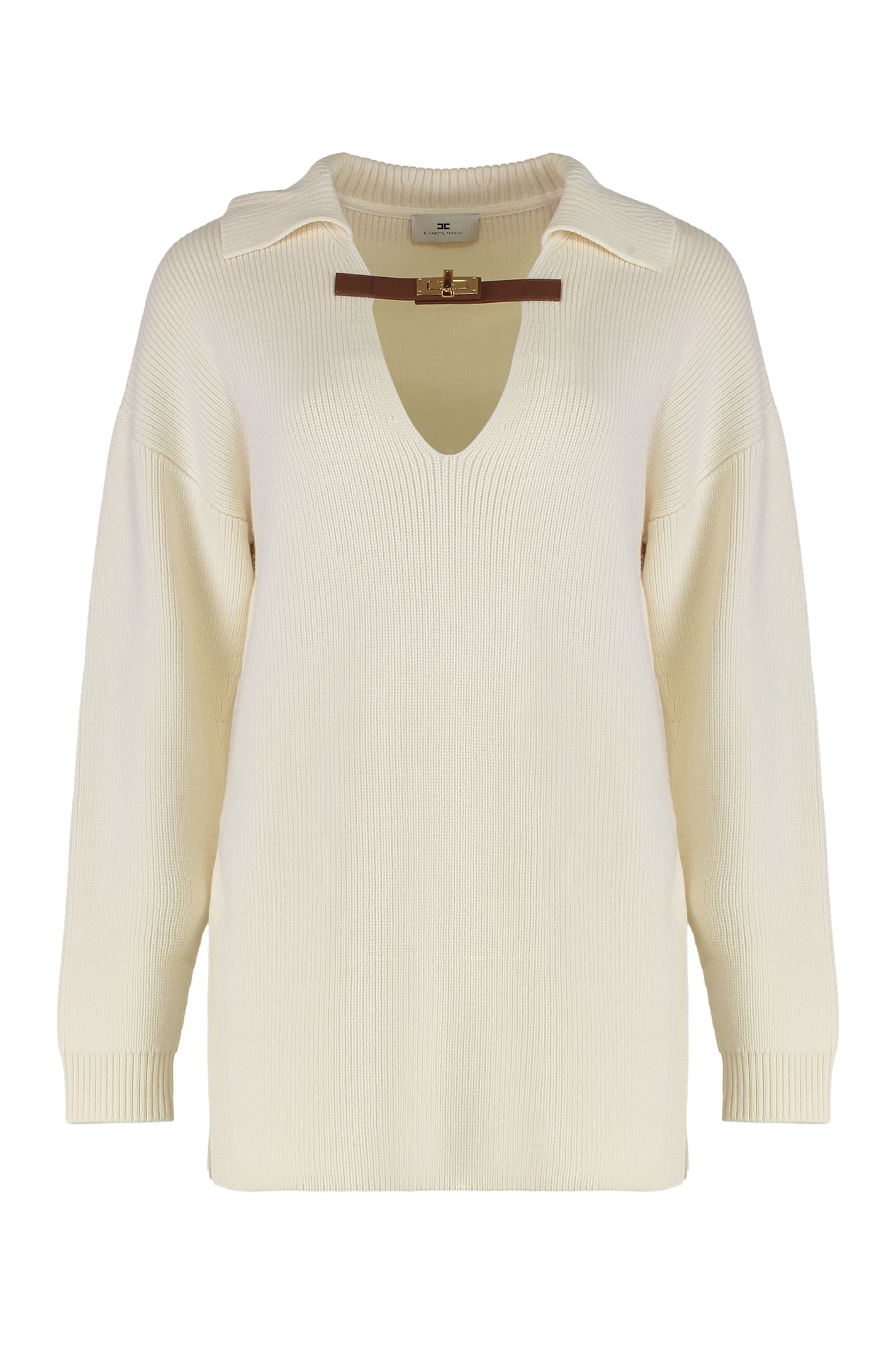 Elisabetta Franchi Sweater In Mixed Wool With A Jewel Strap In White