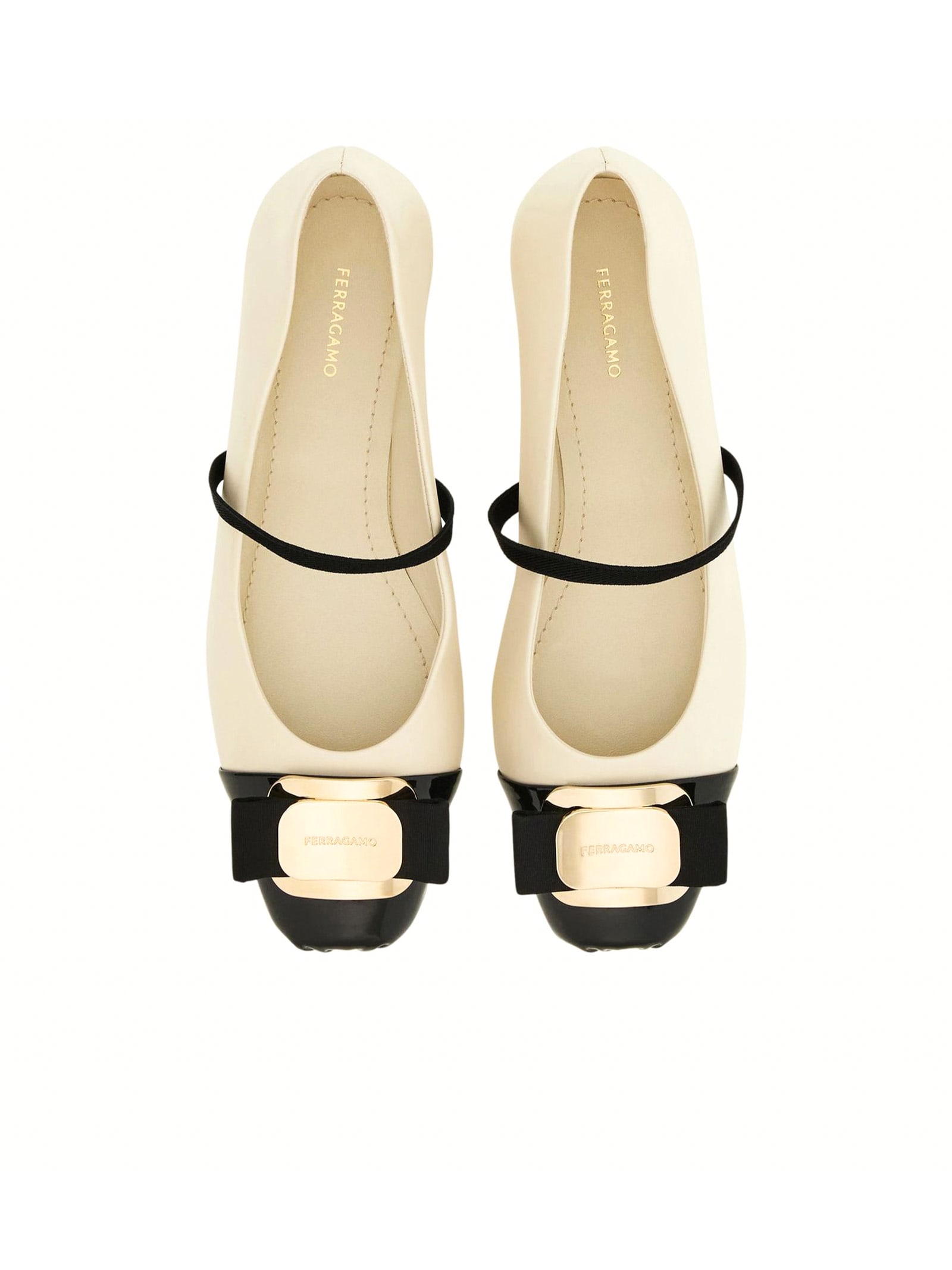 Shop Ferragamo New Vara Plate Bicolor Ballet Flat In Beige