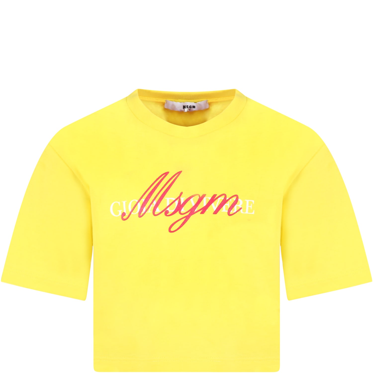 MSGM Yellow T-shirt For Girl With Fucshia Logo