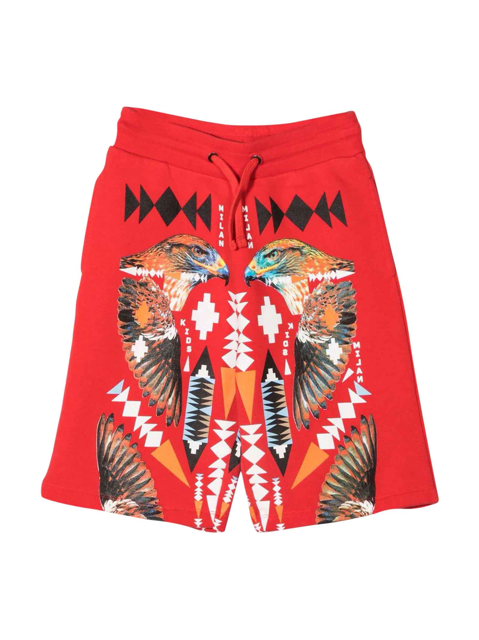 Marcelo Burlon Red Bermuda Shorts With Multicolr Print