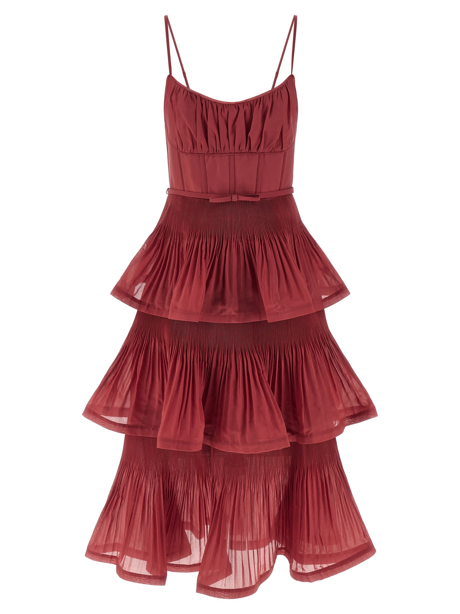 Zimmermann Pleated Tiered Midi Dress In Red