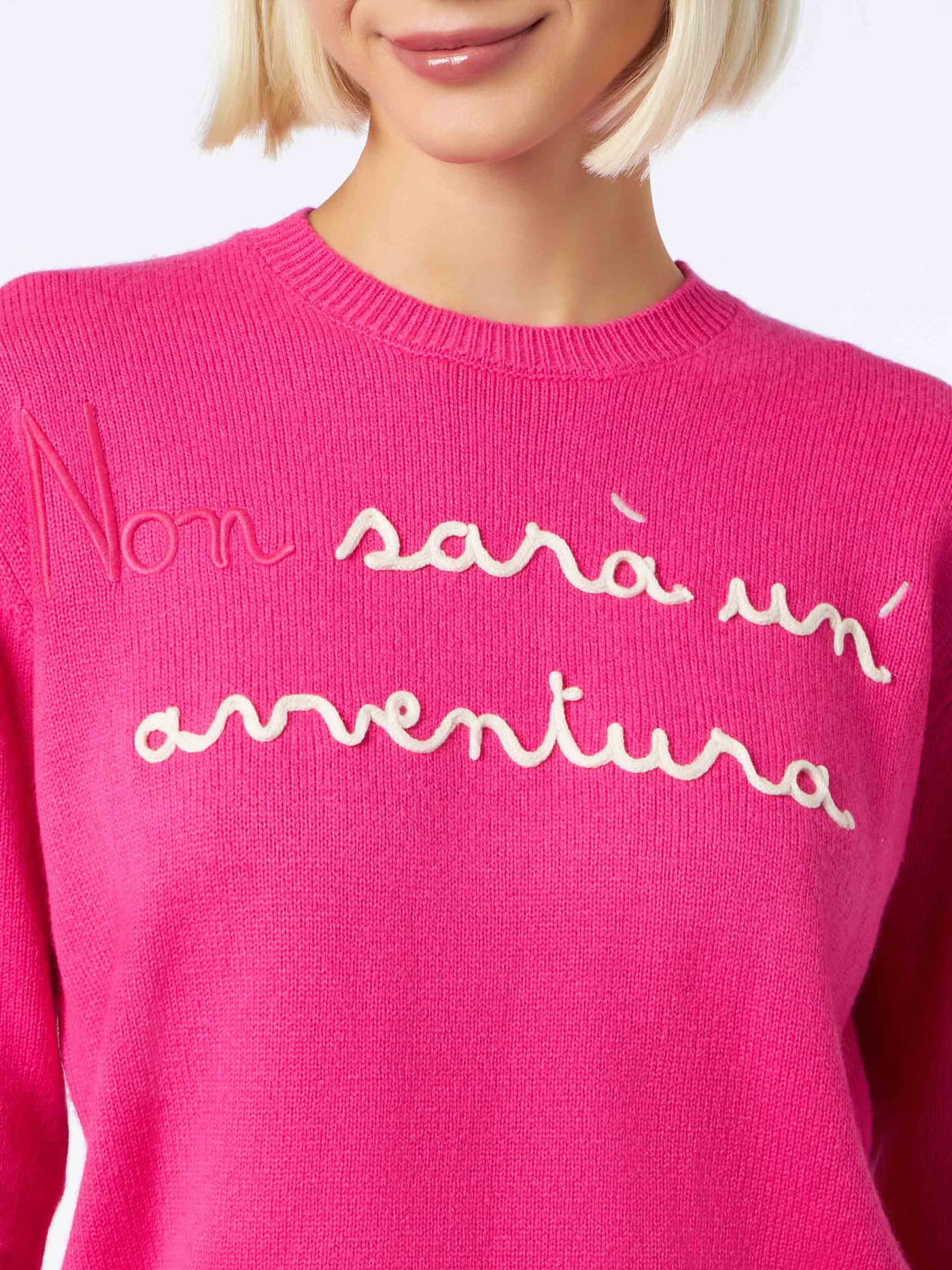 Shop Mc2 Saint Barth Woman Crewneck Fluo Pink Sweater With Non Sarà Unavventura Embroidery Niki Dj Special Edition