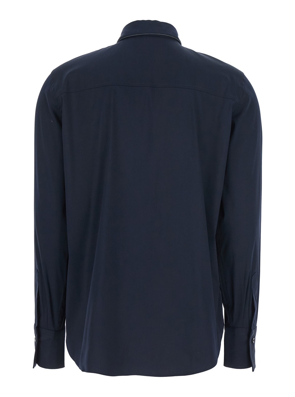Brunello Cucinelli Blue Shirt With Pointed Collar And Monil Detail On The Collar