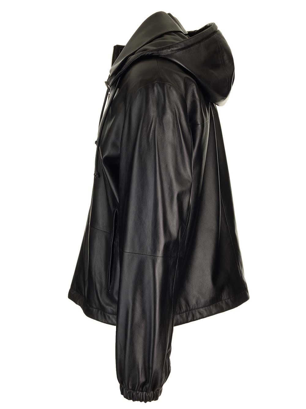 Shop Loewe Hooded Zipped Leather Jacket In Black