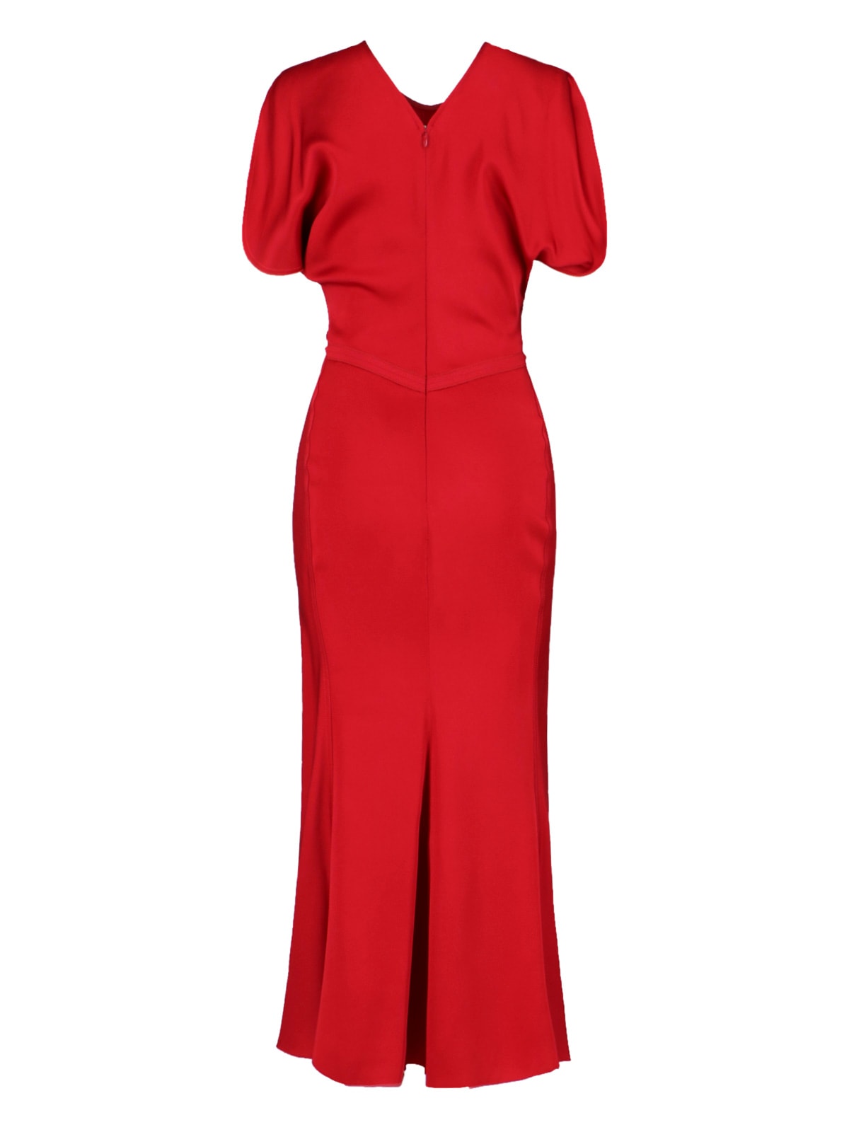Victoria Beckham Red Crewneck Midi Dress With Gathered Waist And Rear Zip Closure In Red