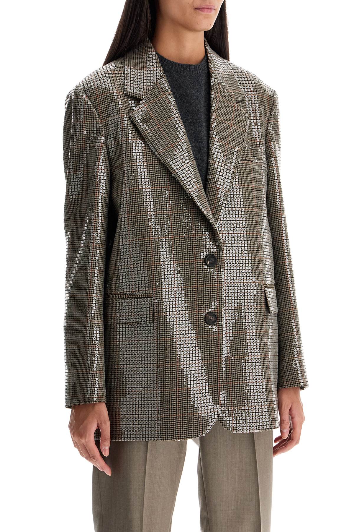 Shop Golden Goose Houndstooth Blazer With Sequins In Beige/black/savvy Red (beige)