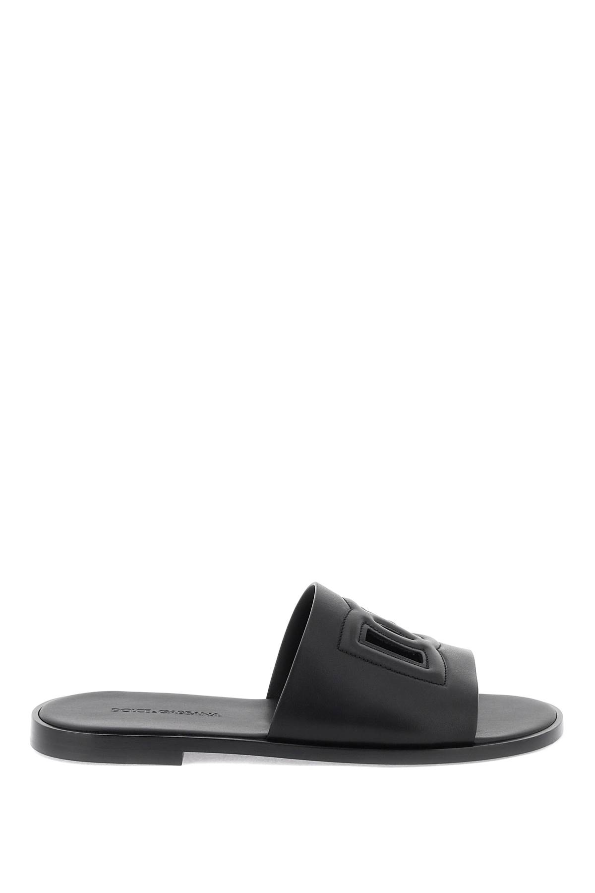 Dolce & Gabbana Leather Sliders With Logo In Black