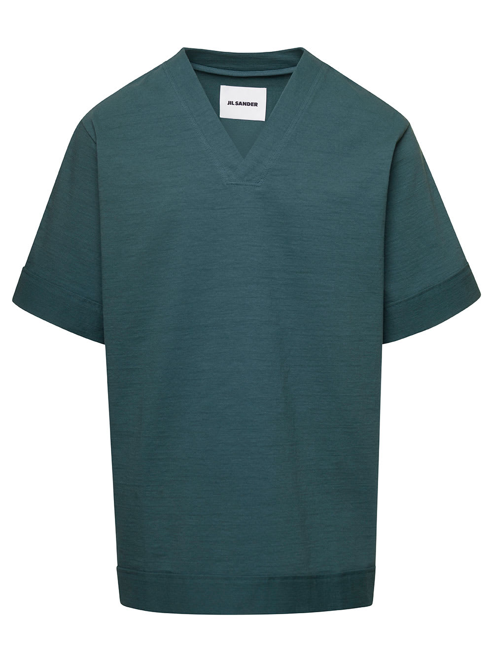 JIL SANDER GREEN V-NECK T-SHIRT IN COTTON STRETCH MAN