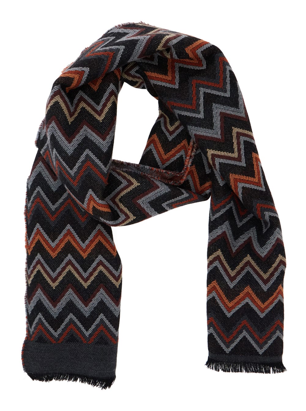 Missoni Multicolor Scarf With Zigzag Motif And Fringed Hem In Wool Man In Black