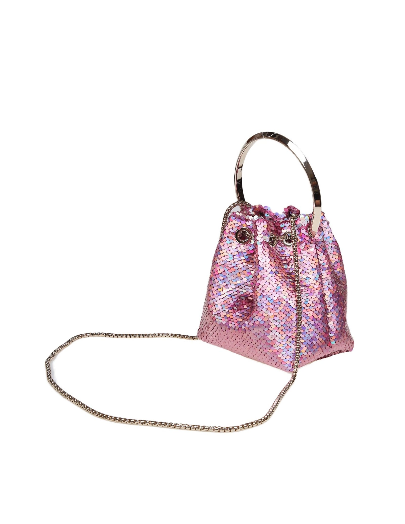 Shop Jimmy Choo Bon Bon Bucket In Fabric With Sequins In Pink