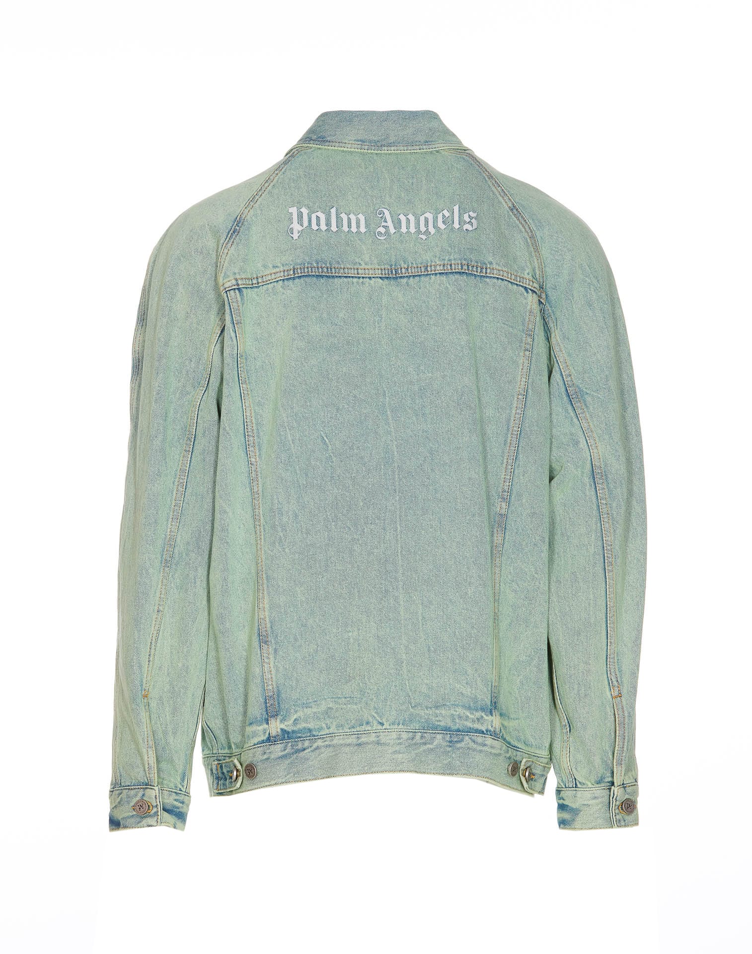 Shop Palm Angels Overdyed Logo Loose Denim Jacket In Mint Off White (light Blue)