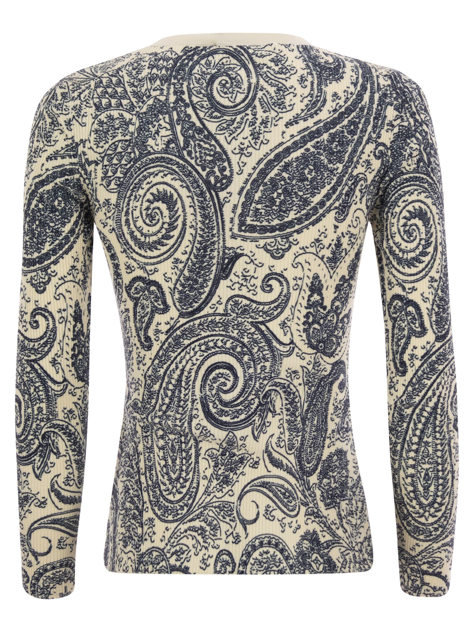 Shop Etro Crew-neck Sweater With Paisley Pattern In Beige/blue