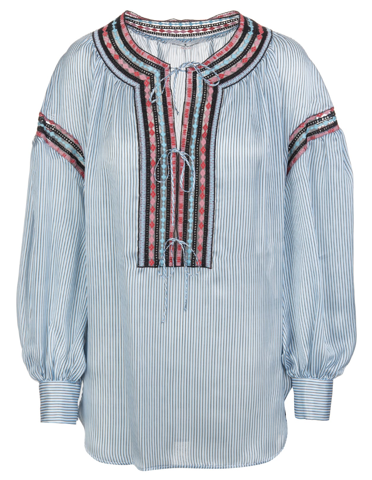 Ermanno Scervino Striped Blue Silk Blouse With Ethnic Embroidery