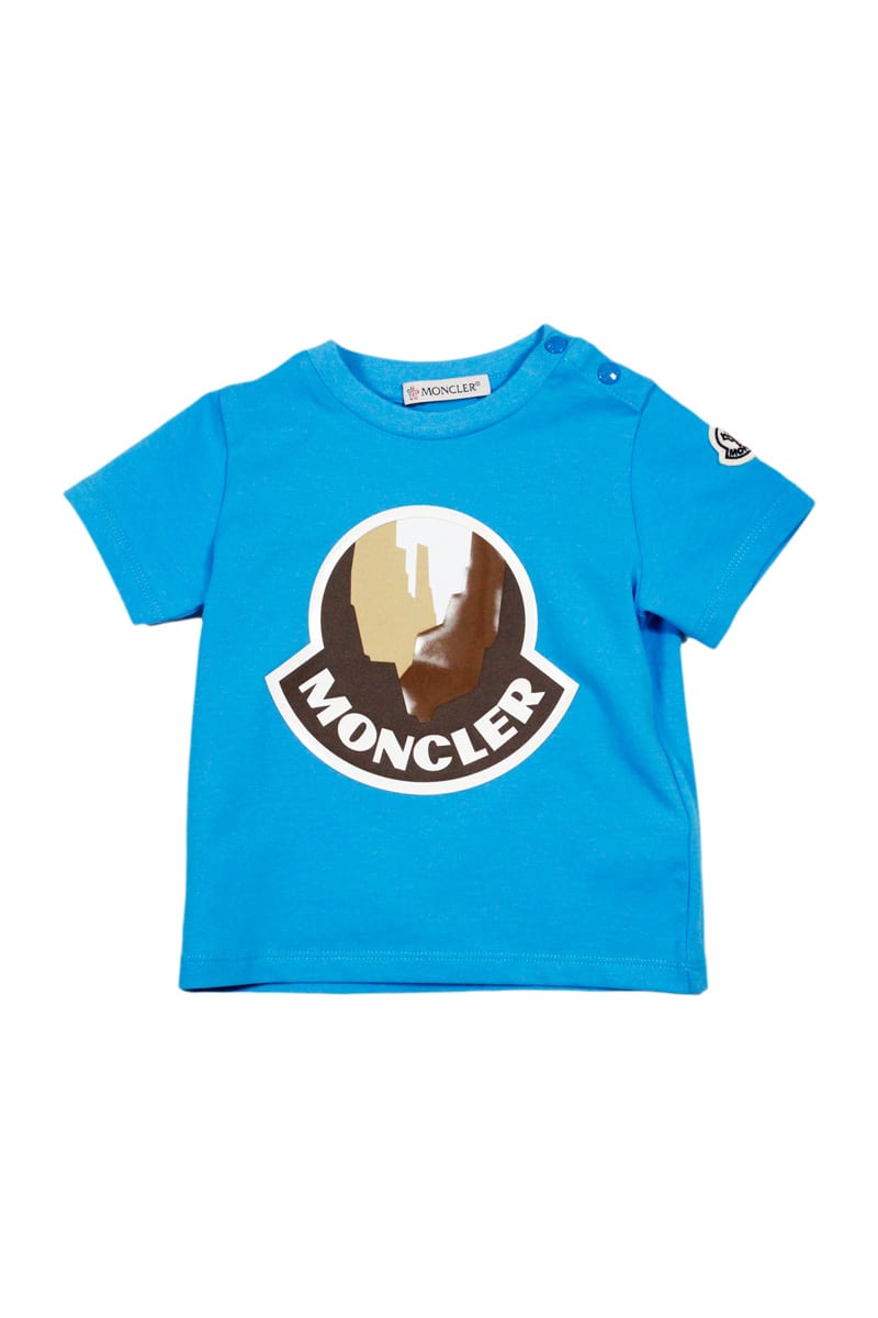 Moncler Babies' T-shirt A Manica Corta A Girocollo Con Stampa Logo Sul Davanti In Light Blu